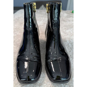 Joie Black Patent Leather Square Toe Gold Zip Ankle Boots Womens Size 6 EU 36